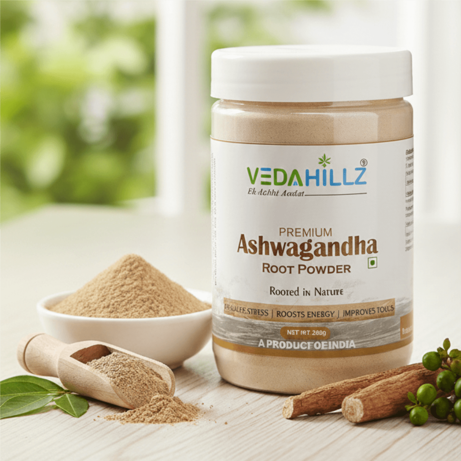 Premium and Natural Vedahillz Ashwagandha Powder Crafted from Fresh Roots for Vitality, Stress Relief, and Everyday Wellness