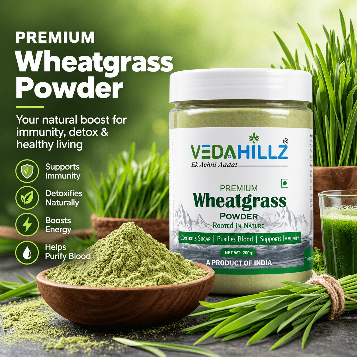 Vedahillz WheatGrass Powder for Daily Detox and Vitality Made from Handpicked Wheatgrass