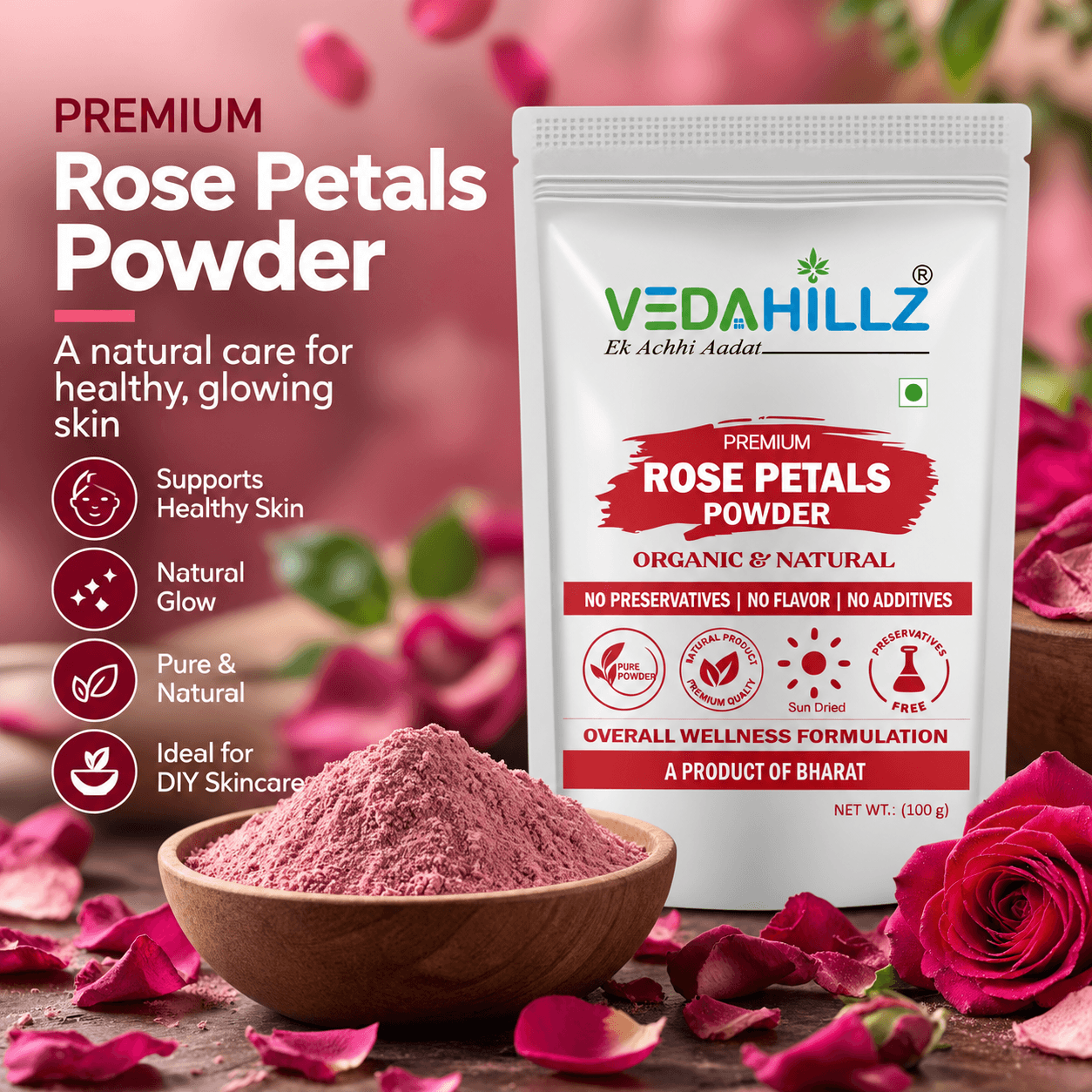 Vedahillz Rose Petals Powder | Rose Flower Powder
